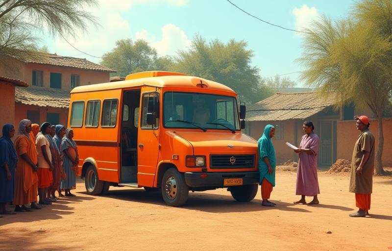 Image illustrating healthcare challenges in rural India, perhaps a mobile clinic or health worker interacting with villagers